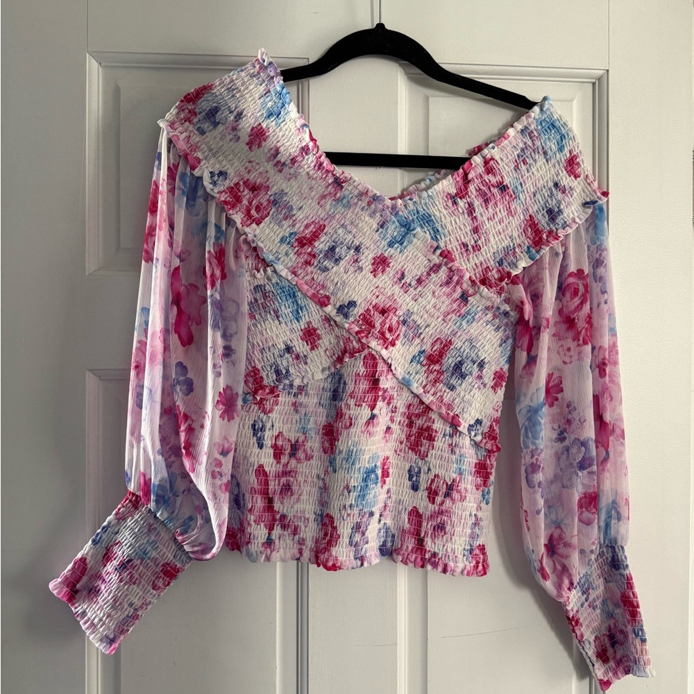 BB Dakota Floral Smocked Blouse - Pink and Blue